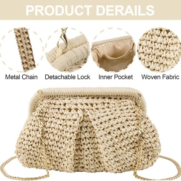 Straw Clutch Purse Women Woven Dumpling Bag Beach Crossbody Summer Stylish - Picture 3 of 8